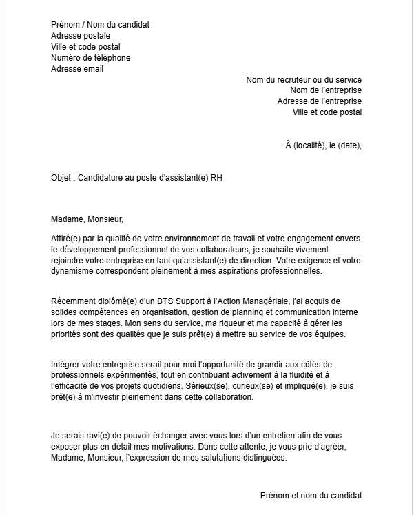 Lettre de motivation assistant RH jeune diplômé 