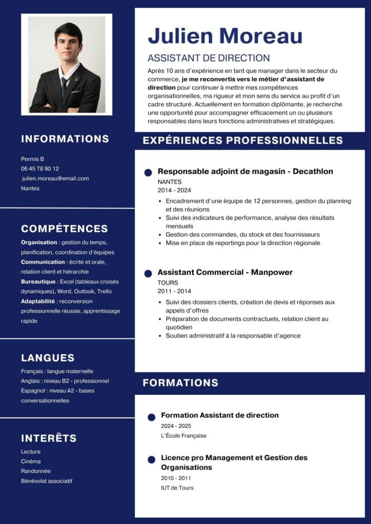 CV assistant de direction en reconversion professionnelle
