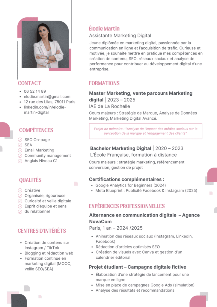 CV assistante marketing digital